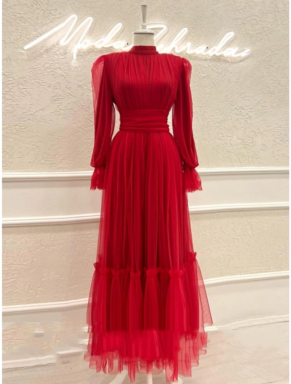 Wholesale A-Line Prom Dresses Elegant Dress Formal Ankle Length Long Sleeve High Neck Tulle with Pleats Ruched